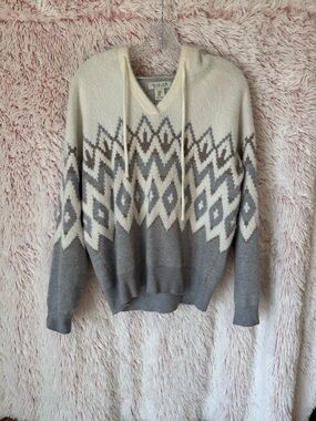 Rachel Zoe Cream and Gray Aztec Hooded Knit Pullover